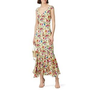 Saloni Daphne Dress Silk Floral Cap Sleeve Flounce Hem Midi Lemon Poppies XS